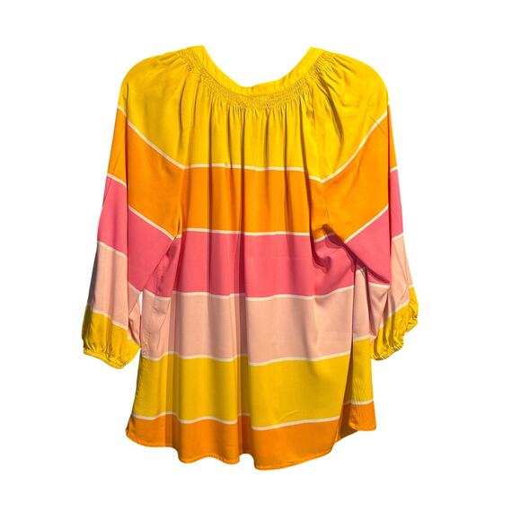 Crown & Ivy Size Small Blouse 3/4 Sleeve Smocked neckline V-Neck Striped - Picture 2 of 8